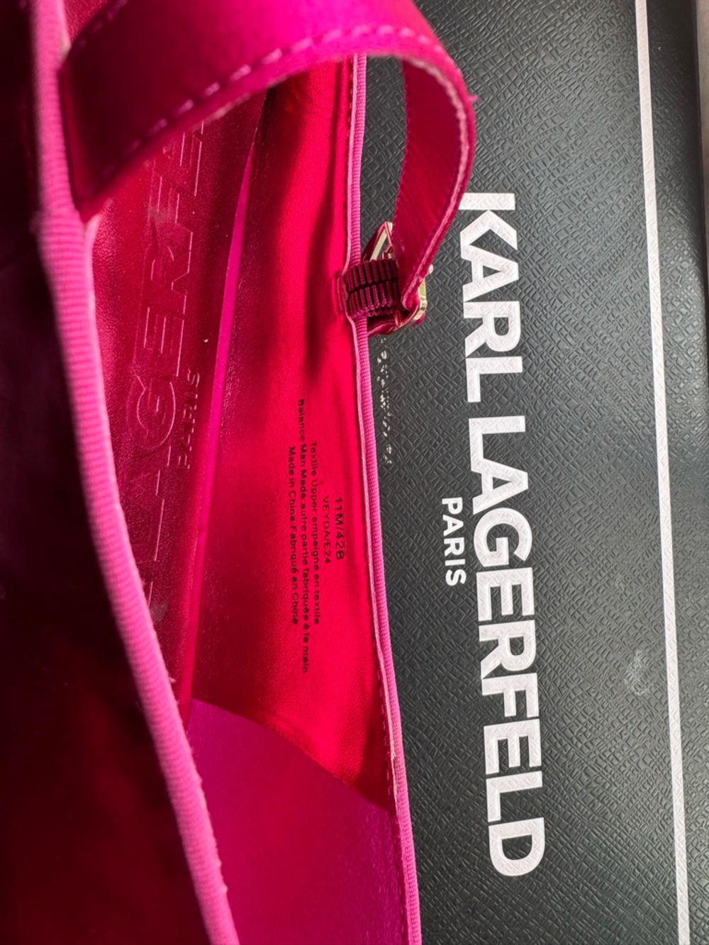 Karl Lagerfeld Veyda Hot Pink Satin Pointed Mary Jane Flats with Gold Studs - Picture 9 of 11